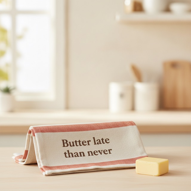 Better Butter Tea Towel with “Butter late than never”